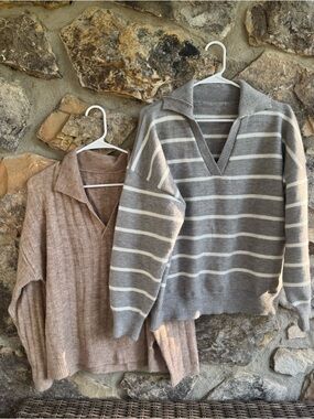 SHEIN Women's V-Neck Sweaters - Gray with White Stripes and Tan